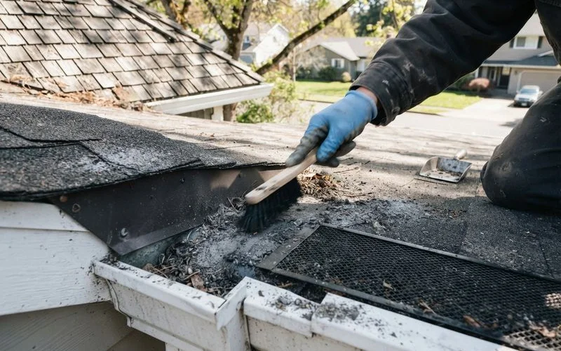 A layer of ash and debris accumulated in a roof valley and gutter after a smoky wildfire season in Sacramento