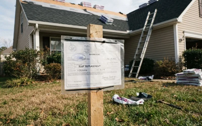 A building permit posted at a job site alongside roofing materials during a residential re-roof project