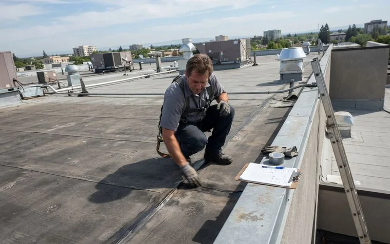 A commercial roofing technician inspecting a flat membrane roof with rooftop HVAC units in the background