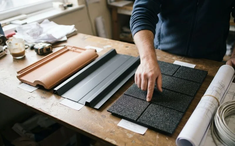 A side-by-side comparison of clay tile, standing seam metal, and solar panel roofing sections on Sacramento homes