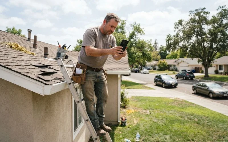 A roof inspector documenting storm damage on a residential roof with a clipboard and camera in Sacramento
