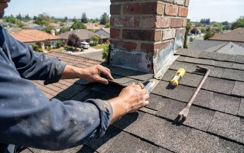 A roofing technician inspecting flashing around a roof vent pipe on a residential Sacramento home during daylight