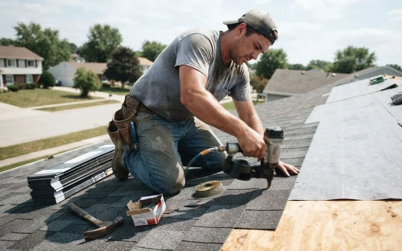 A roofing crew installing new architectural shingles on a residential roof replacement project in Sacramento
