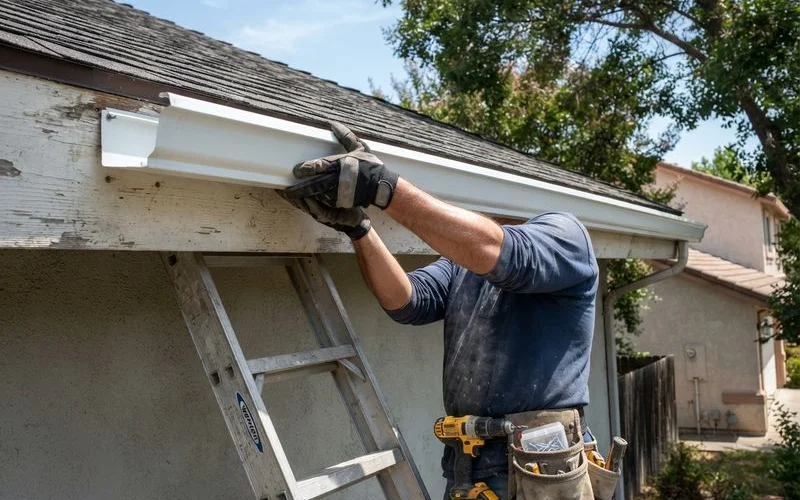 A contractor installing a one-piece aluminum gutter section along the roofline of a Sacramento home