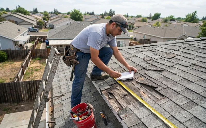 A close-up view of a roofer measuring a damaged section of shingles before quoting a repair in Sacramento