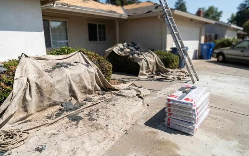 A roofing crew with protective tarps laid over landscaping and a driveway during a residential re-roof project