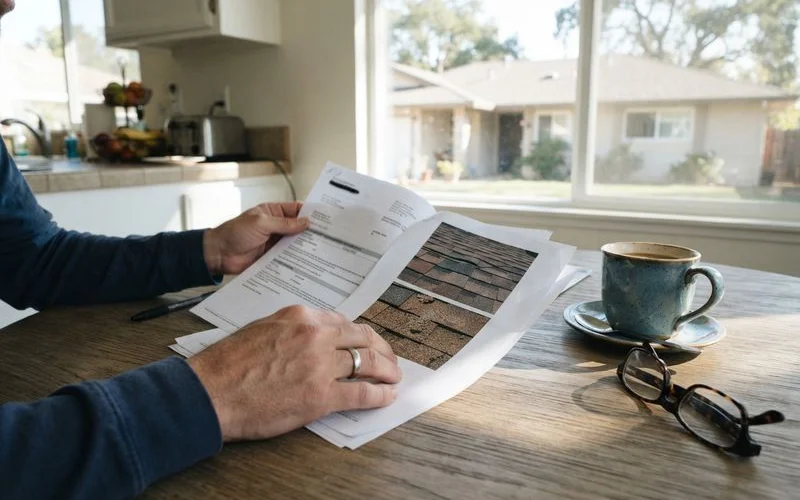 An insurance adjuster and a homeowner reviewing a roof damage report together outside a Sacramento home