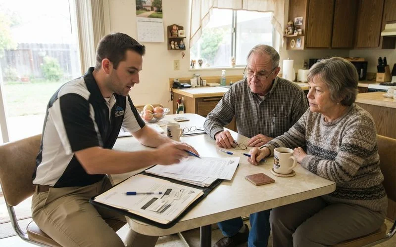 An adult child helping an elderly parent review a roofing contract at the kitchen table