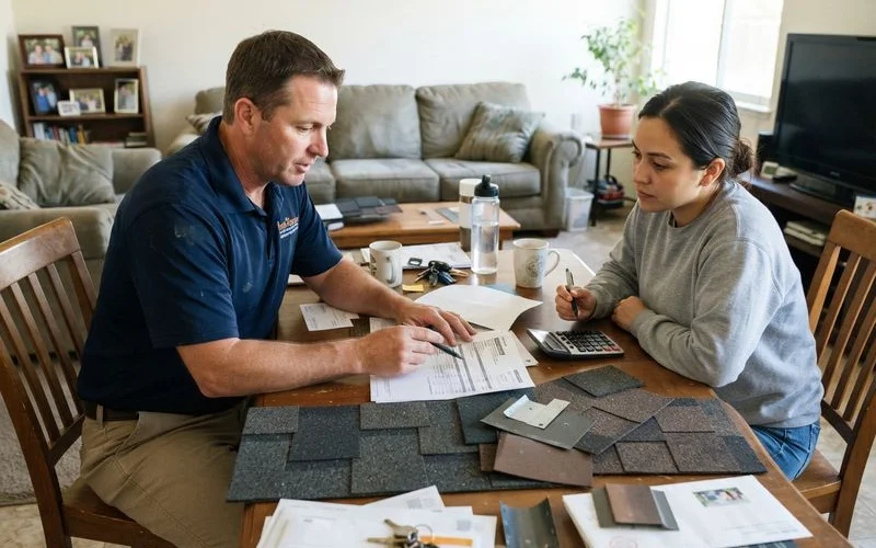A homeowner and a roofing contractor reviewing a written estimate together on a clipboard at a Sacramento home