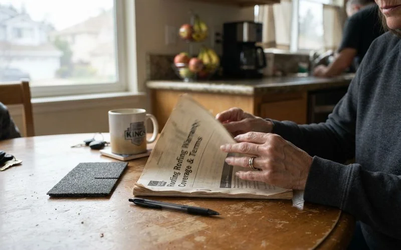 A contractor and homeowner sitting at a kitchen table reviewing the printed pages of a roofing warranty document together