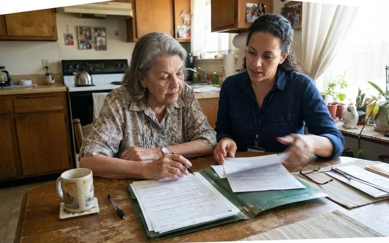 A volunteer and a homeowner reviewing paperwork for a home repair assistance program at a Sacramento residence