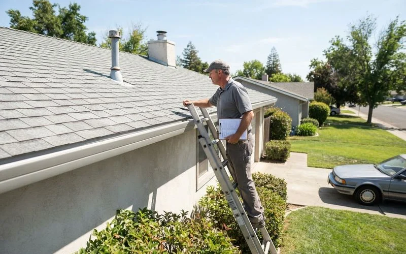 A home inspector examining a residential roof from a ladder before a house listing in Sacramento