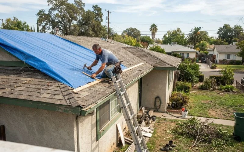 A tarped section of a residential roof after storm damage, with debris cleared from the yard below